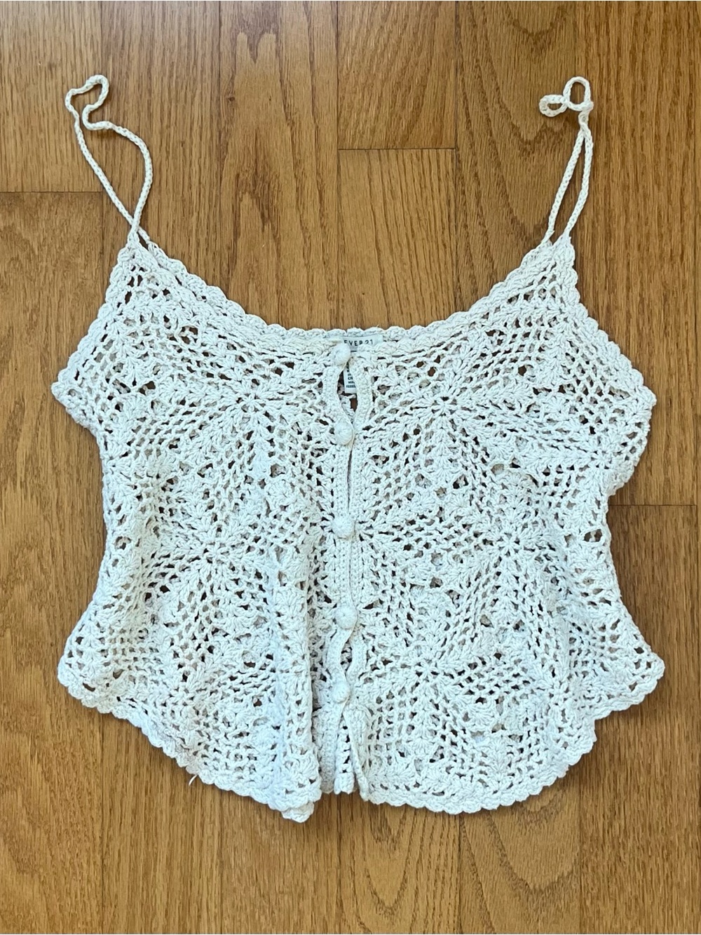 Forever 21 cream crochet cotton tank top with floral design, size S